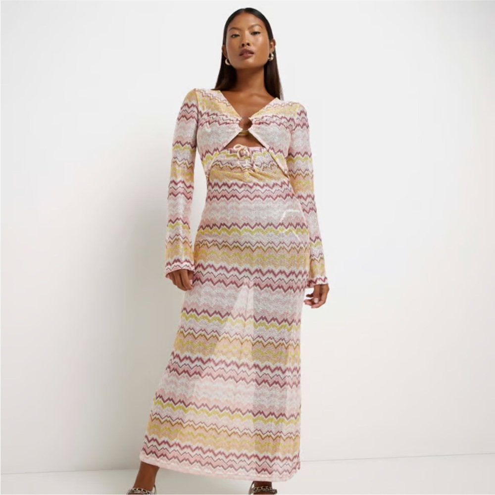 River Island Petite Pink Stripe Cut Out Midi Dress